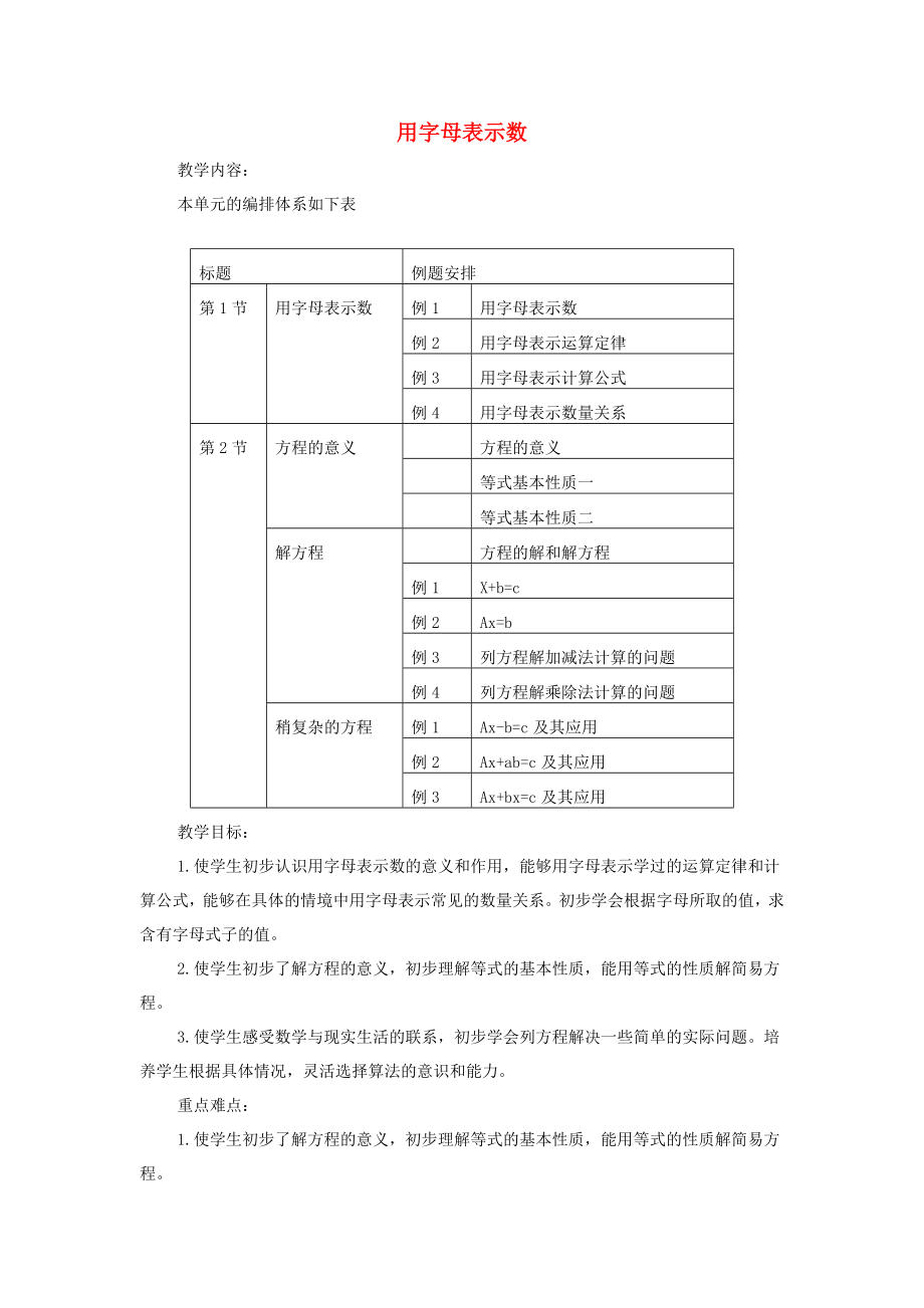 五年级数学上册 第5单元《简易方程》1 用字母表示数教案1 新人教版_第1页