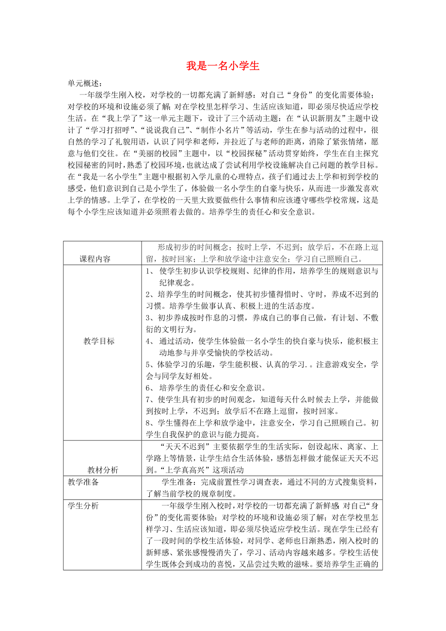 一年級思想品德上冊 我是一名小學(xué)生表格教案 山東人民版_第1頁