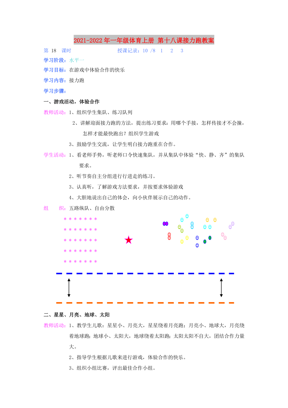 2021-2022年一年級(jí)體育上冊(cè) 第十八課接力跑教案_第1頁