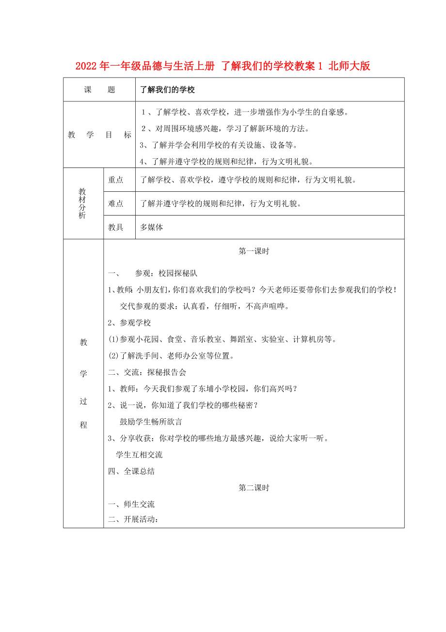 2022年一年級(jí)品德與生活上冊(cè) 了解我們的學(xué)校教案1 北師大版_第1頁(yè)