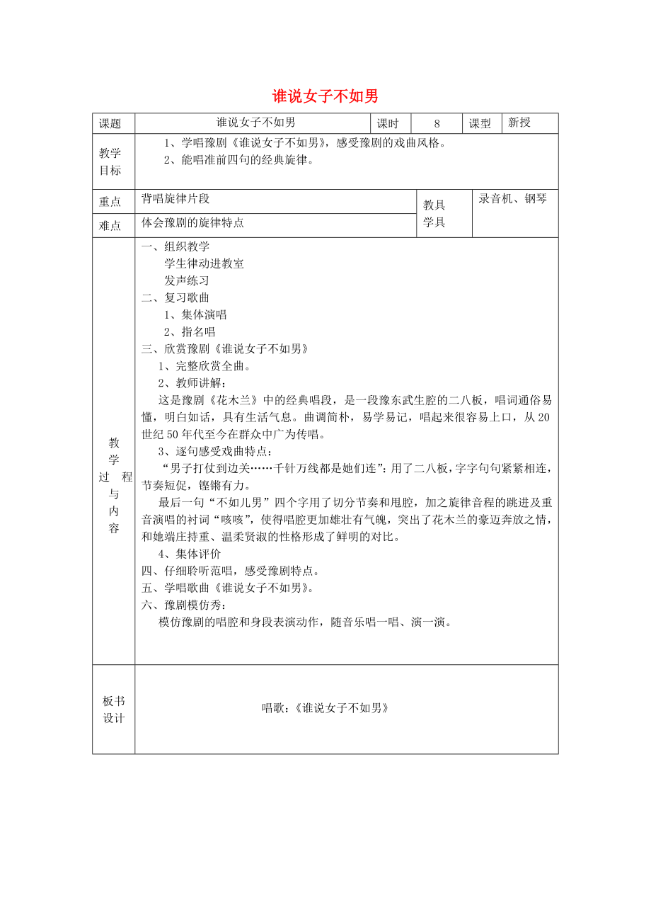 2022春五年級音樂下冊 第四單元《誰說女子不如男》教案 蘇少版_第1頁