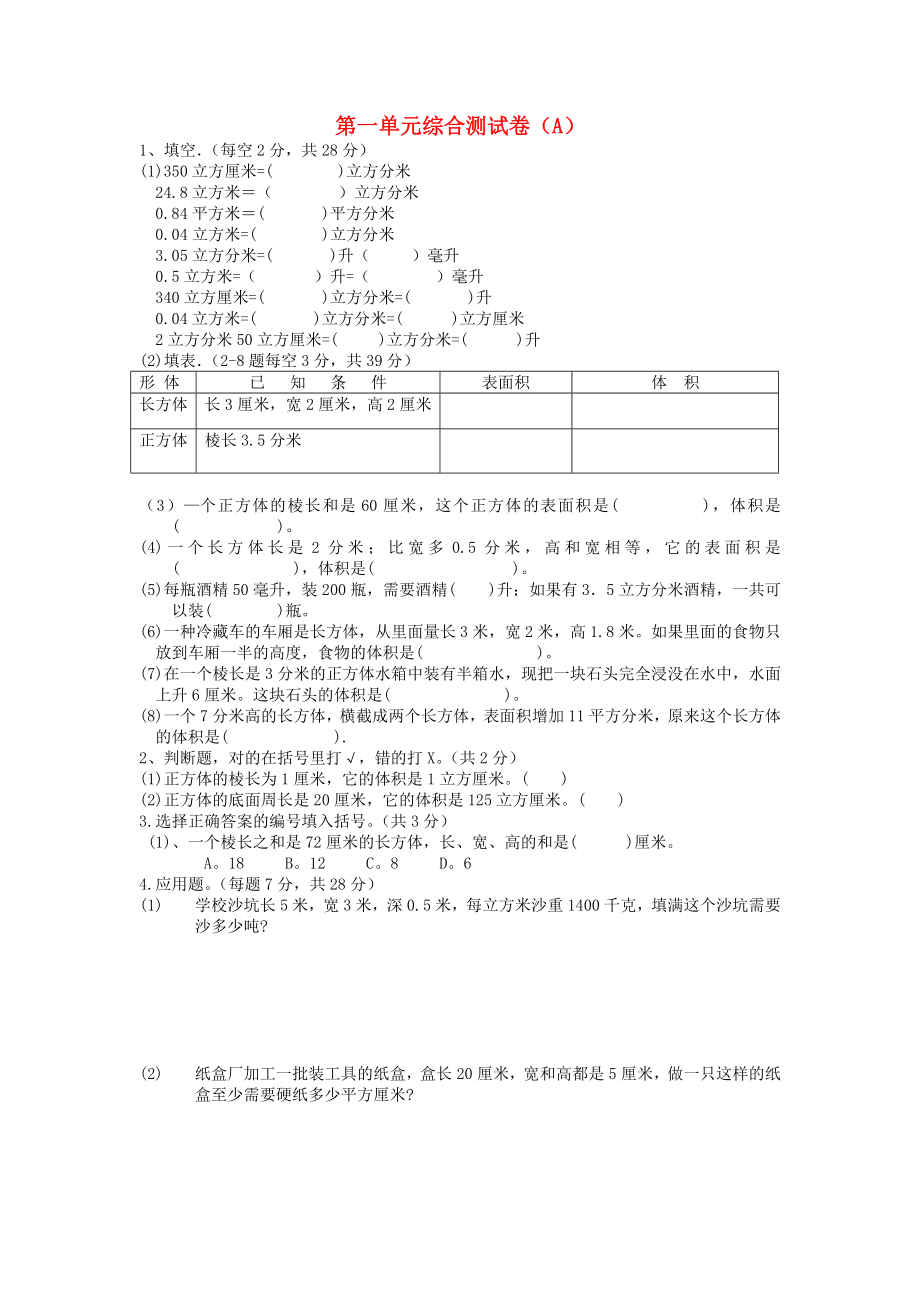 五年級(jí)數(shù)學(xué)下冊(cè) 第一單元綜合測(cè)試卷（A）_第1頁(yè)