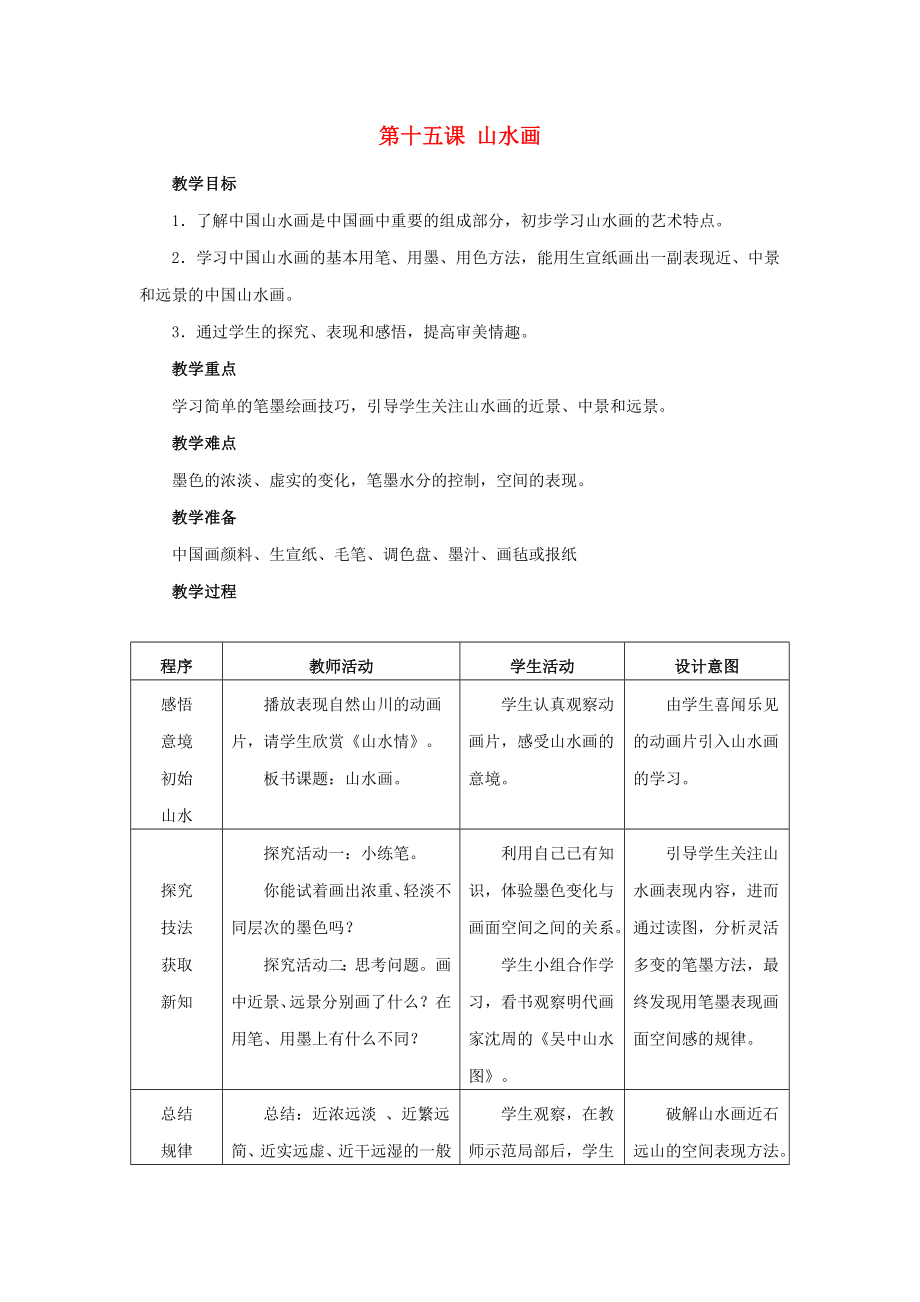 2022春五年級(jí)美術(shù)下冊(cè) 第15課《山水畫(huà)》教案 人美版_第1頁(yè)