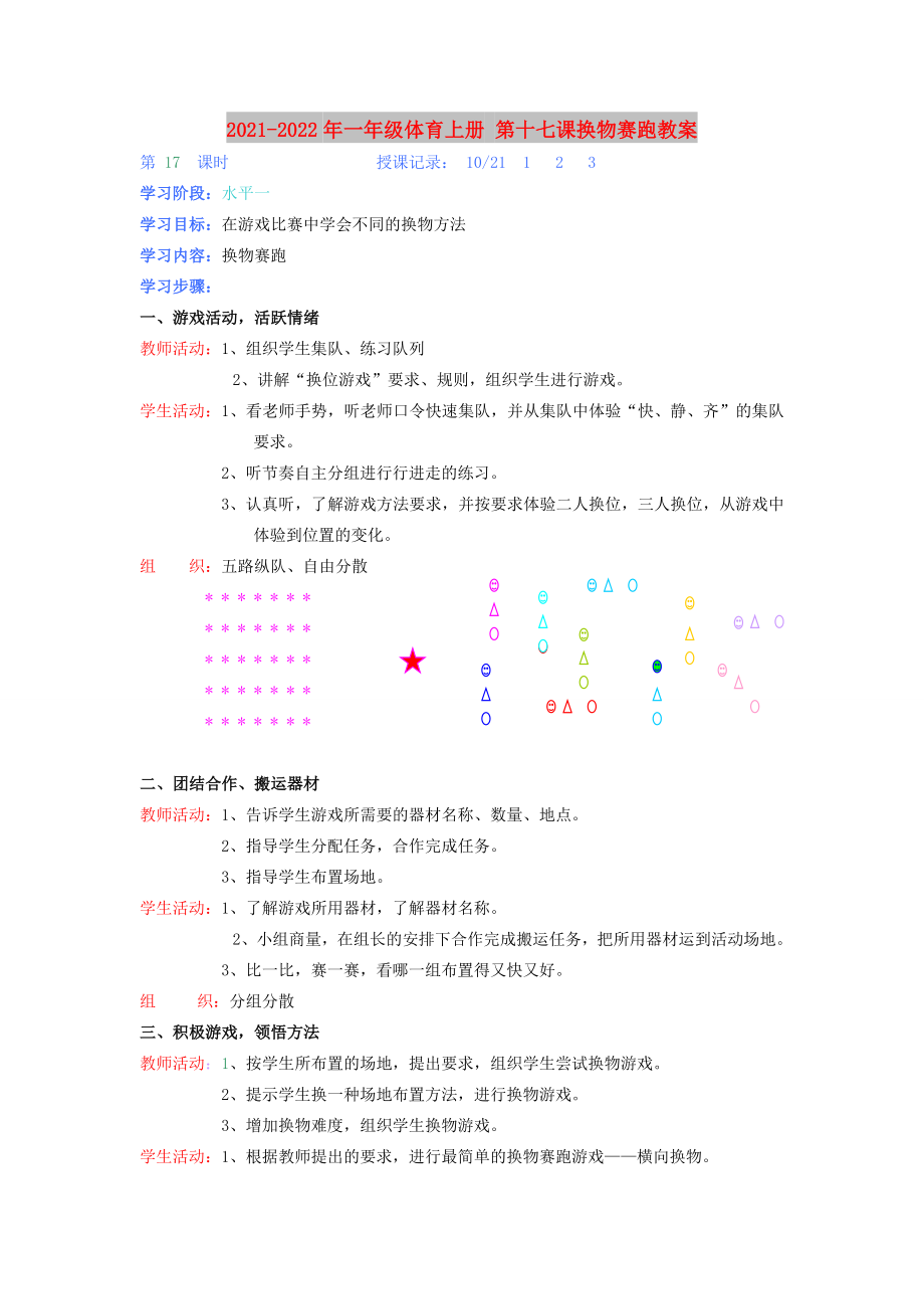 2021-2022年一年級(jí)體育上冊(cè) 第十七課換物賽跑教案_第1頁