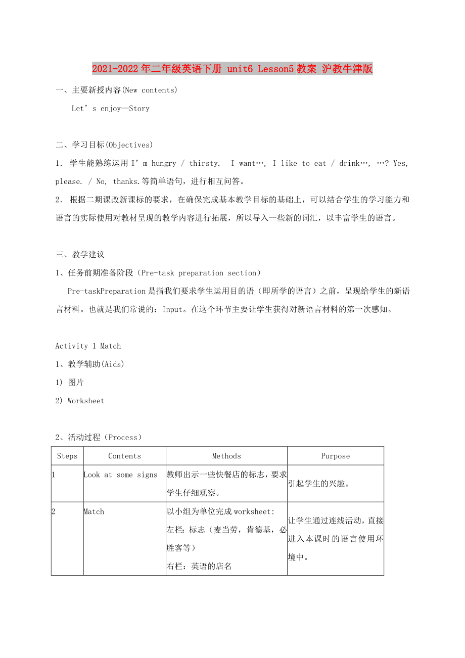 2021-2022年二年級英語下冊 unit6 Lesson5教案 滬教牛津版_第1頁