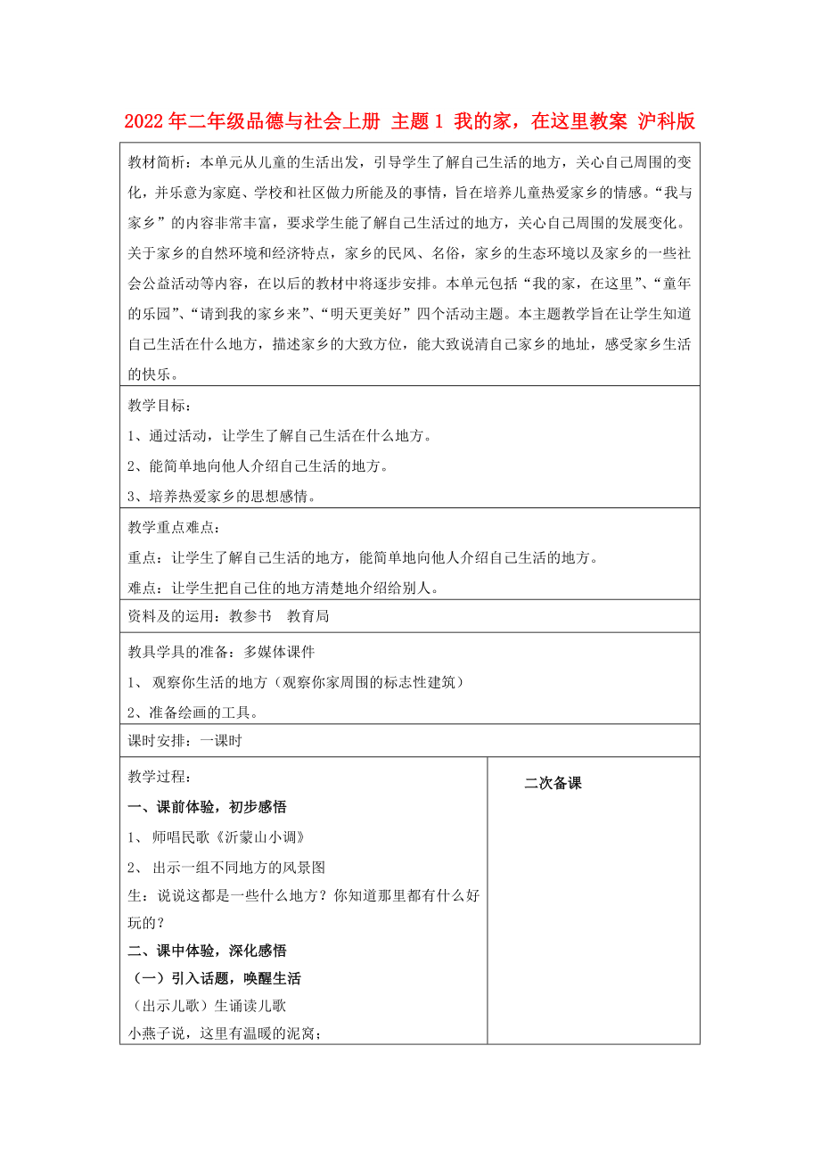 2022年二年級品德與社會上冊 主題1 我的家在這里教案 滬科版_第1頁