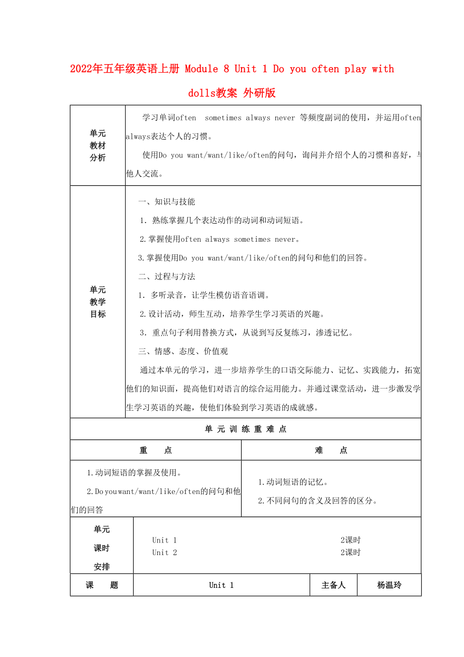 2022年五年級英語上冊 Module 8 Unit 1 Do you often play with dolls教案 外研版_第1頁