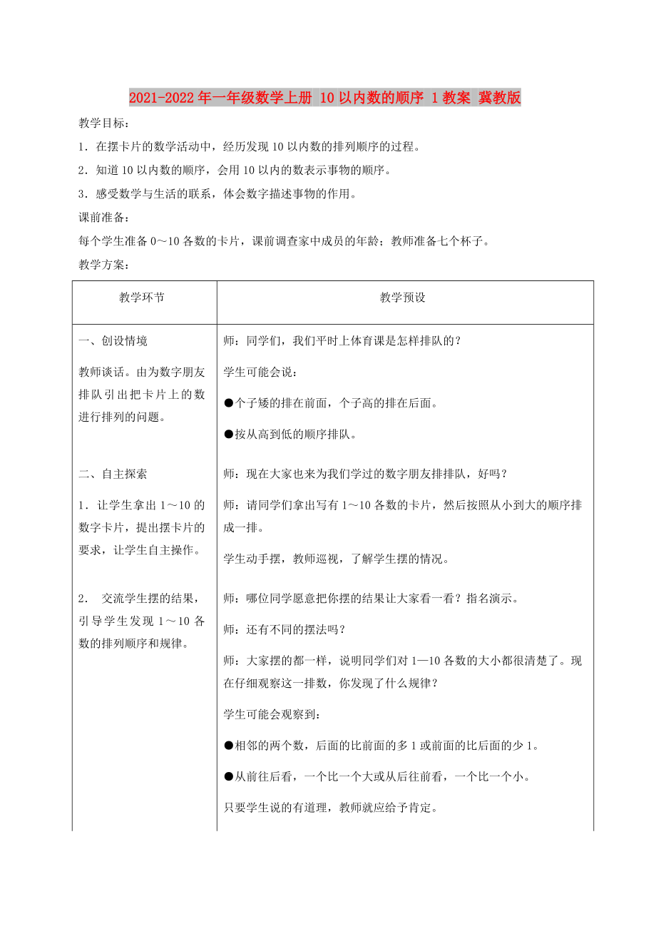 2021-2022年一年級數(shù)學(xué)上冊 10以內(nèi)數(shù)的順序 1教案 冀教版_第1頁