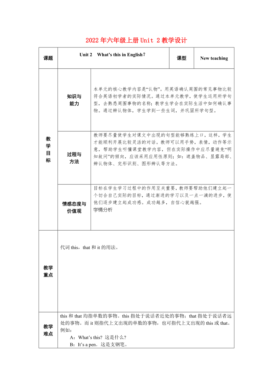 2022年六年級(jí)上冊(cè)Unit 2教學(xué)設(shè)計(jì)_第1頁(yè)