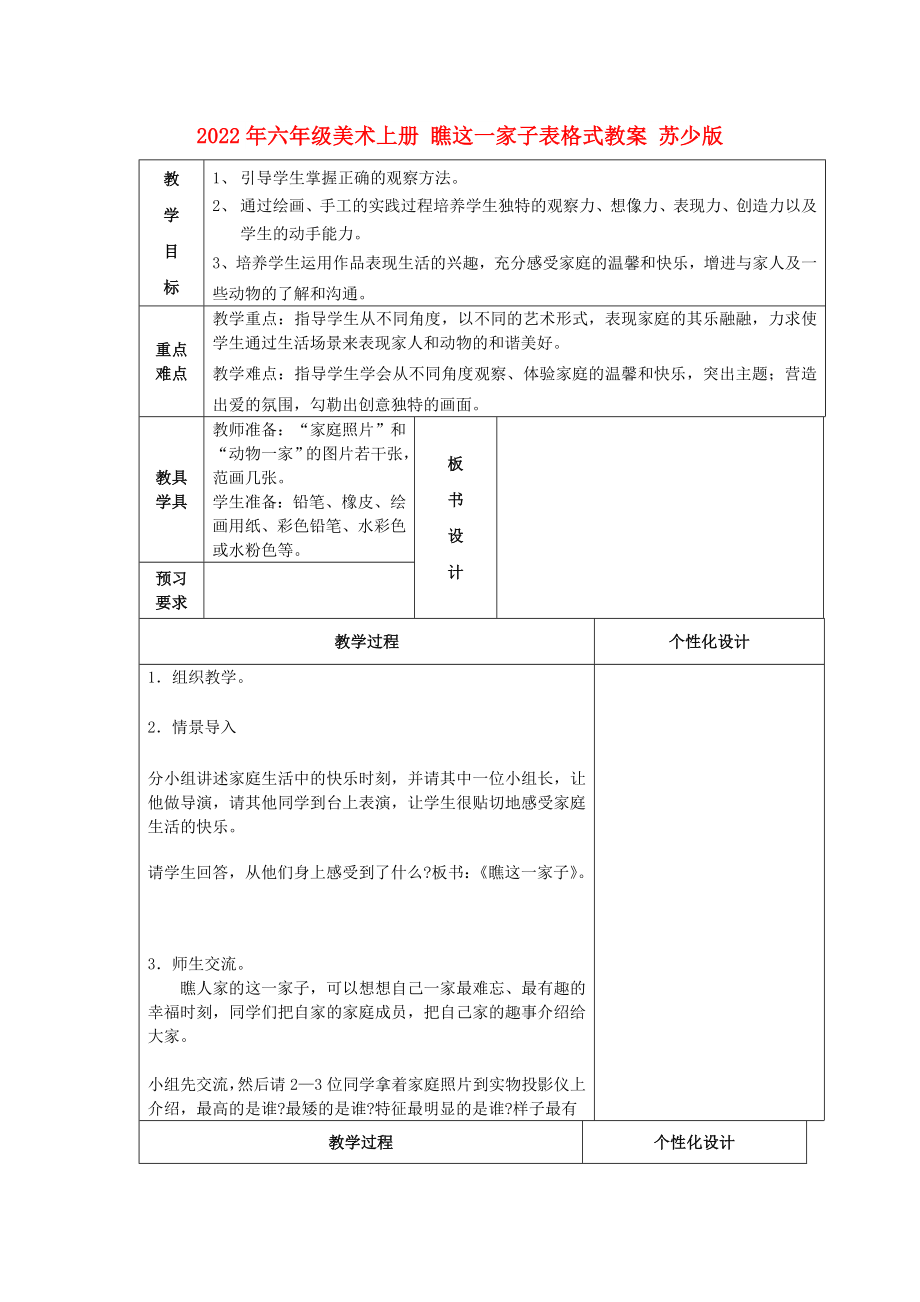 2022年六年级美术上册 瞧这一家子表格式教案 苏少版_第1页