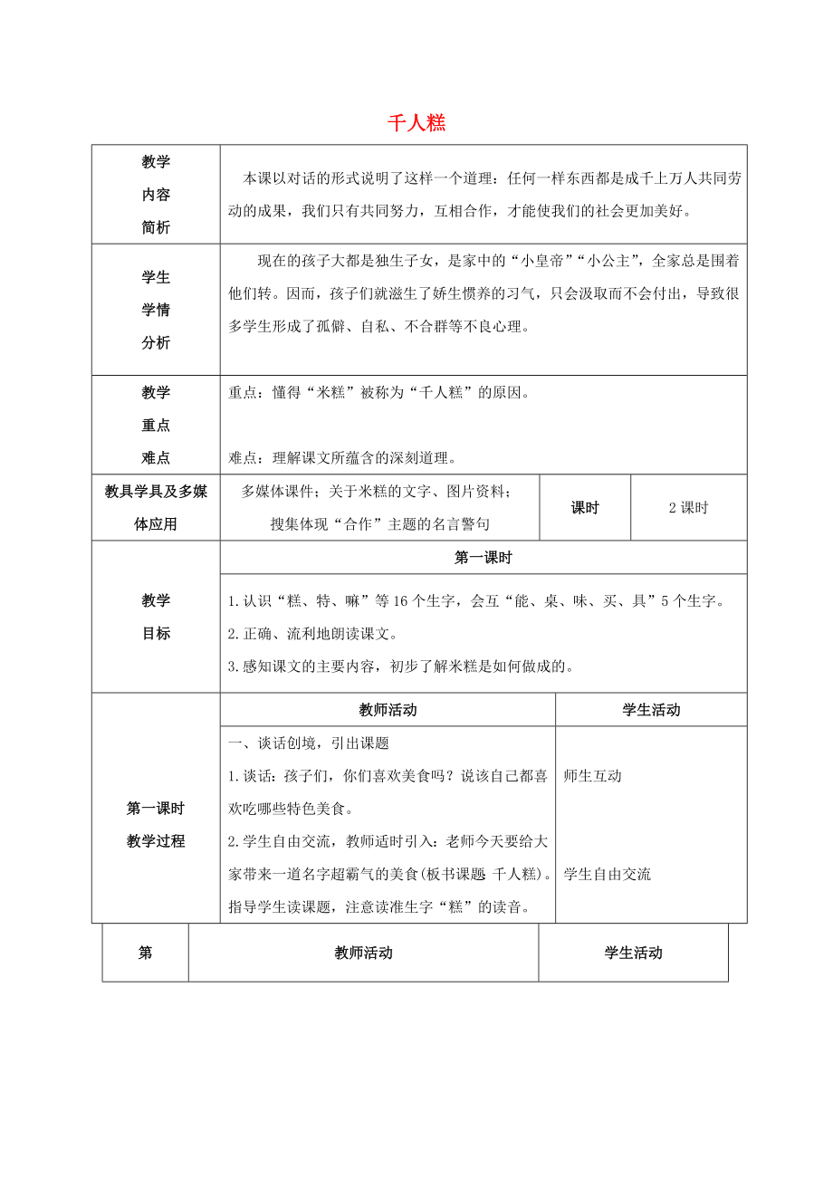 2022學(xué)年二年級語文下冊 課文2 6 千人糕教案 新人教版_第1頁