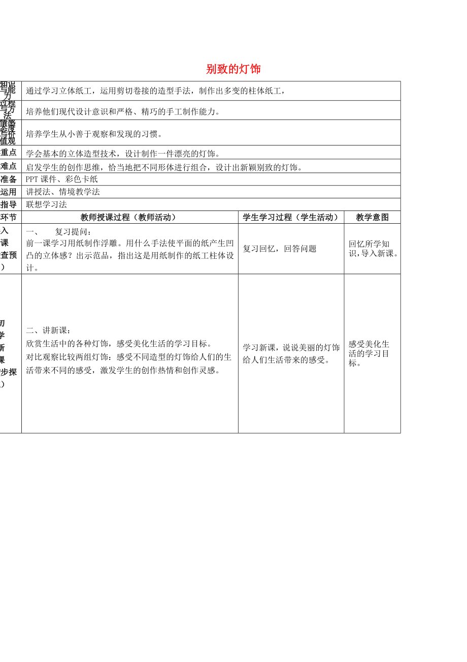 2022春五年級美術下冊 第5單元 有趣多變的造型樂園 第14課《別致的燈飾》教案1 嶺南版_第1頁