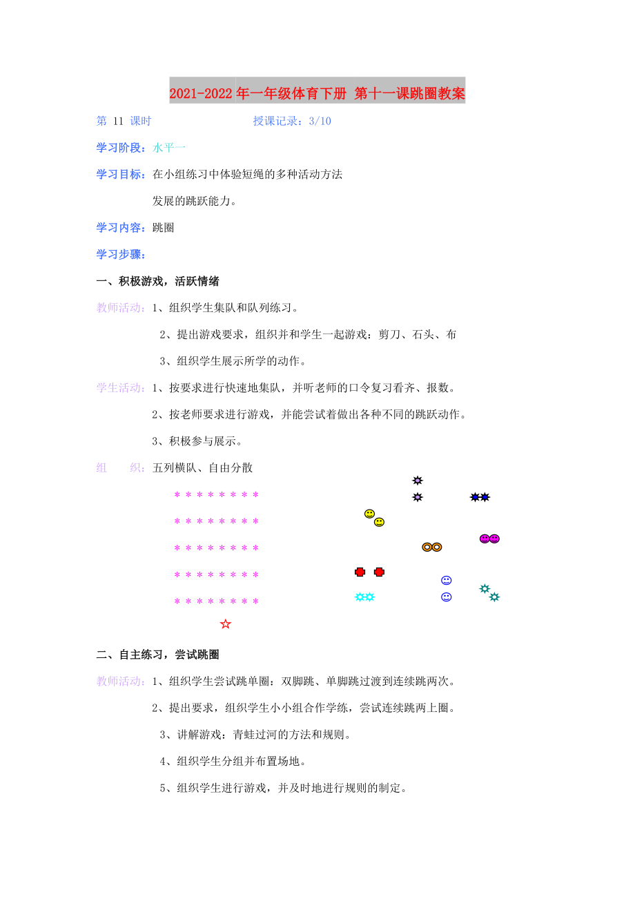 2021-2022年一年級(jí)體育下冊(cè) 第十一課跳圈教案_第1頁(yè)