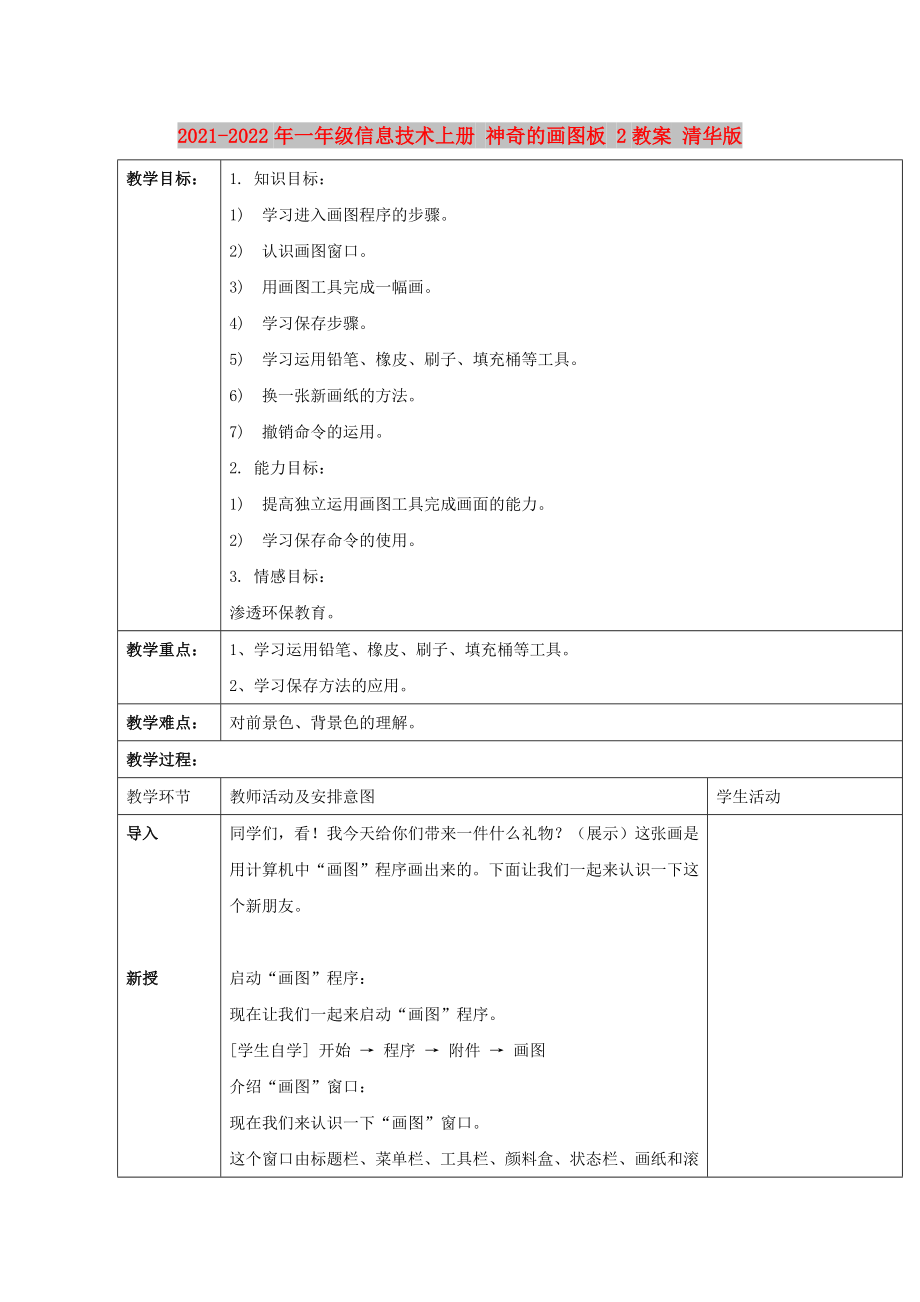 2021-2022年一年級(jí)信息技術(shù)上冊(cè) 神奇的畫圖板 2教案 清華版_第1頁