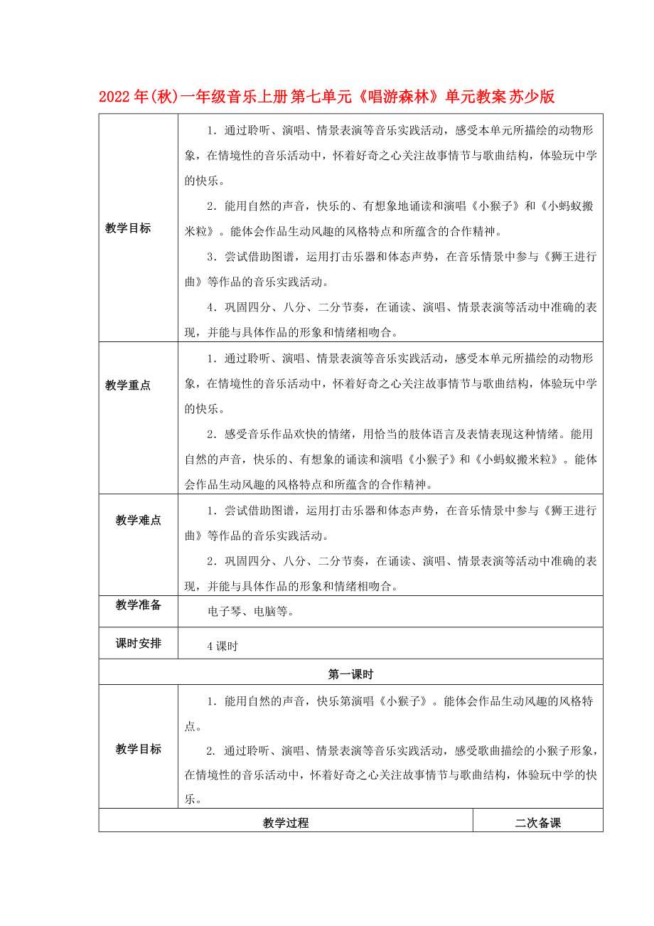 2022年(秋)一年級音樂上冊 第七單元《唱游森林》單元教案 蘇少版_第1頁