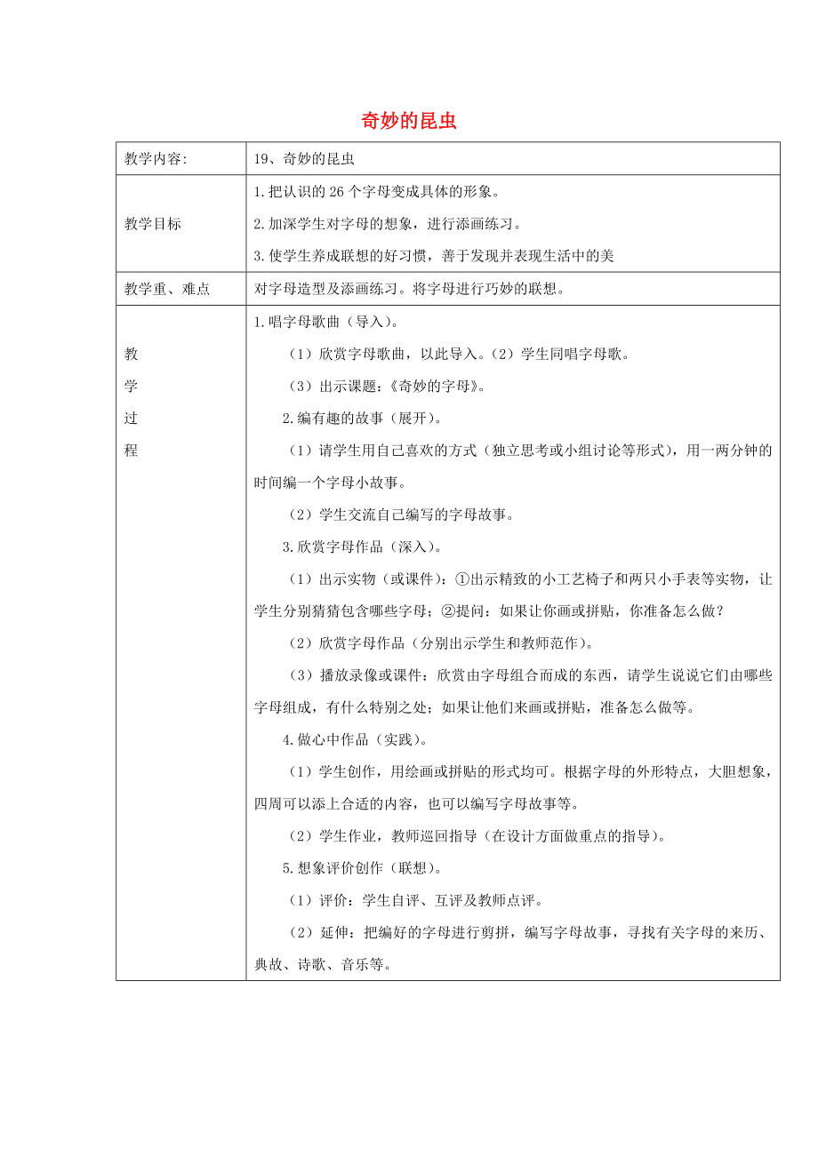 2022春一年級(jí)美術(shù)下冊(cè) 第19課《奇妙的昆蟲(chóng)》教案 浙美版_第1頁(yè)