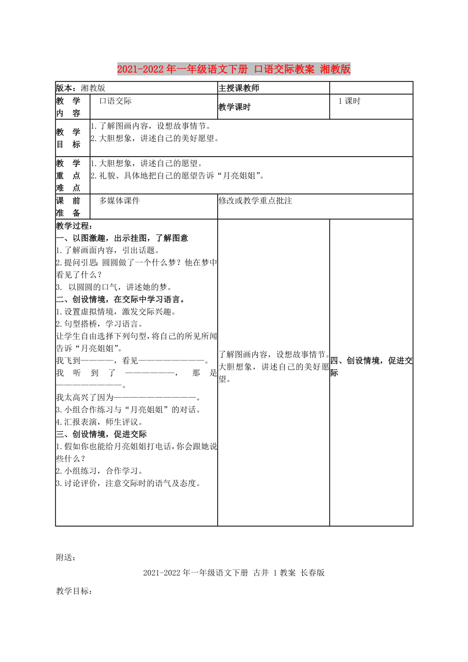 2021-2022年一年級(jí)語文下冊(cè) 口語交際教案 湘教版_第1頁