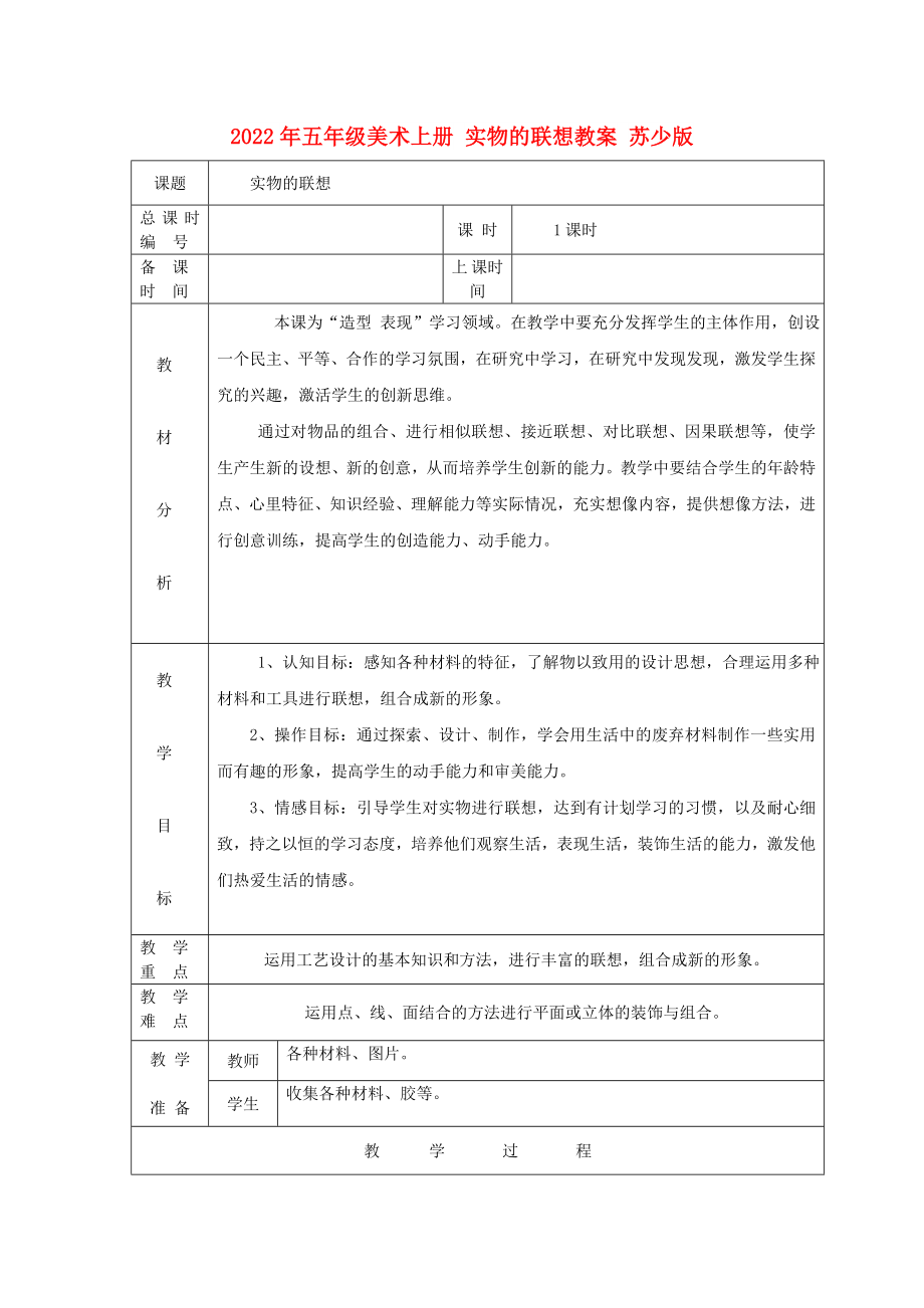 2022年五年級美術(shù)上冊 實(shí)物的聯(lián)想教案 蘇少版_第1頁