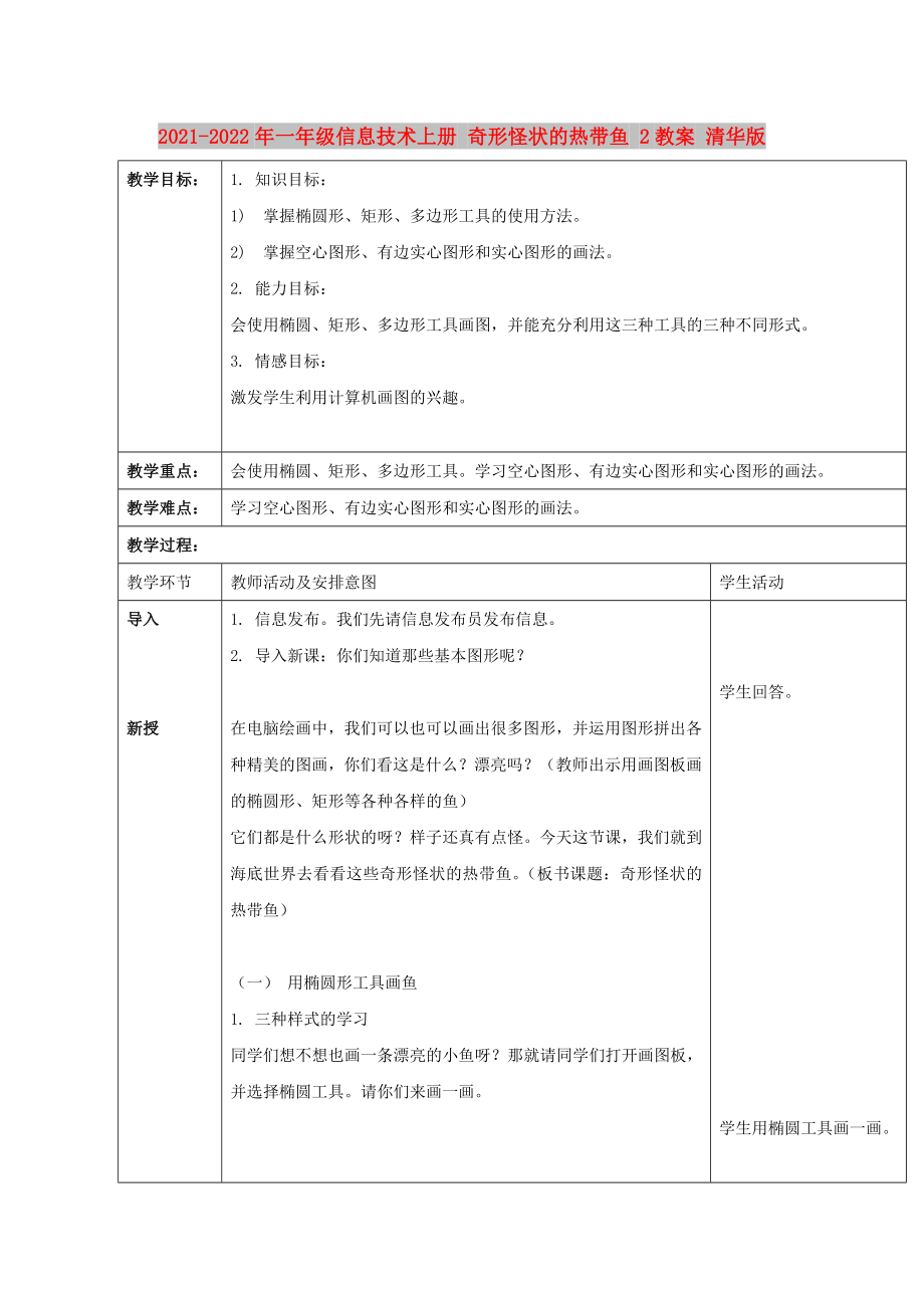 2021-2022年一年級(jí)信息技術(shù)上冊(cè) 奇形怪狀的熱帶魚(yú) 2教案 清華版_第1頁(yè)