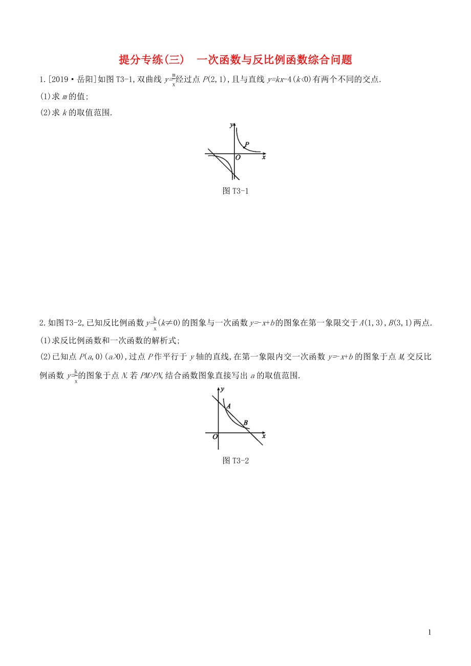 （湖南專(zhuān)版）2020年中考數(shù)學(xué)復(fù)習(xí) 提分專(zhuān)練03 一次函數(shù)與反比例函數(shù)綜合問(wèn)題_第1頁(yè)