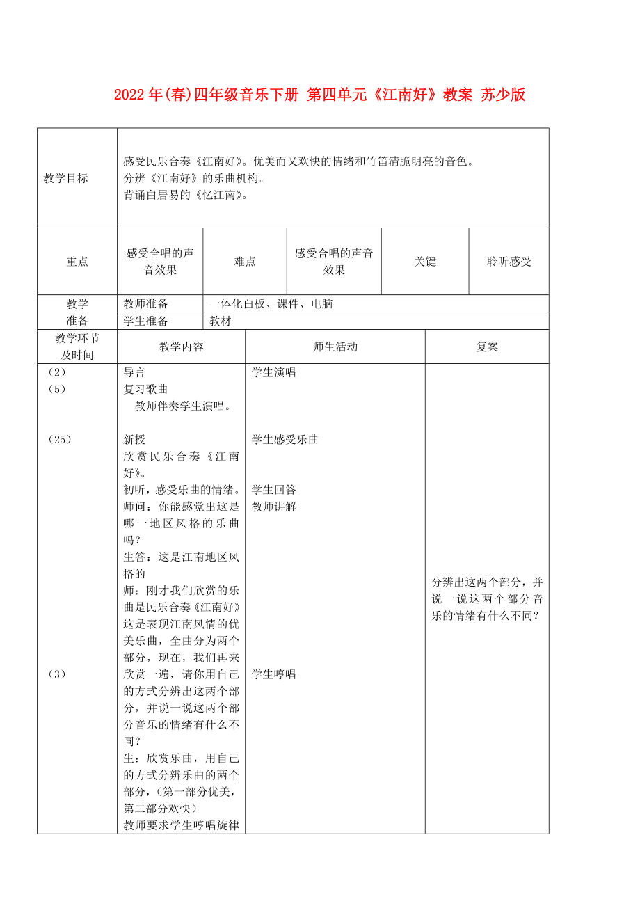 2022年(春)四年級(jí)音樂(lè)下冊(cè) 第四單元《江南好》教案 蘇少版_第1頁(yè)