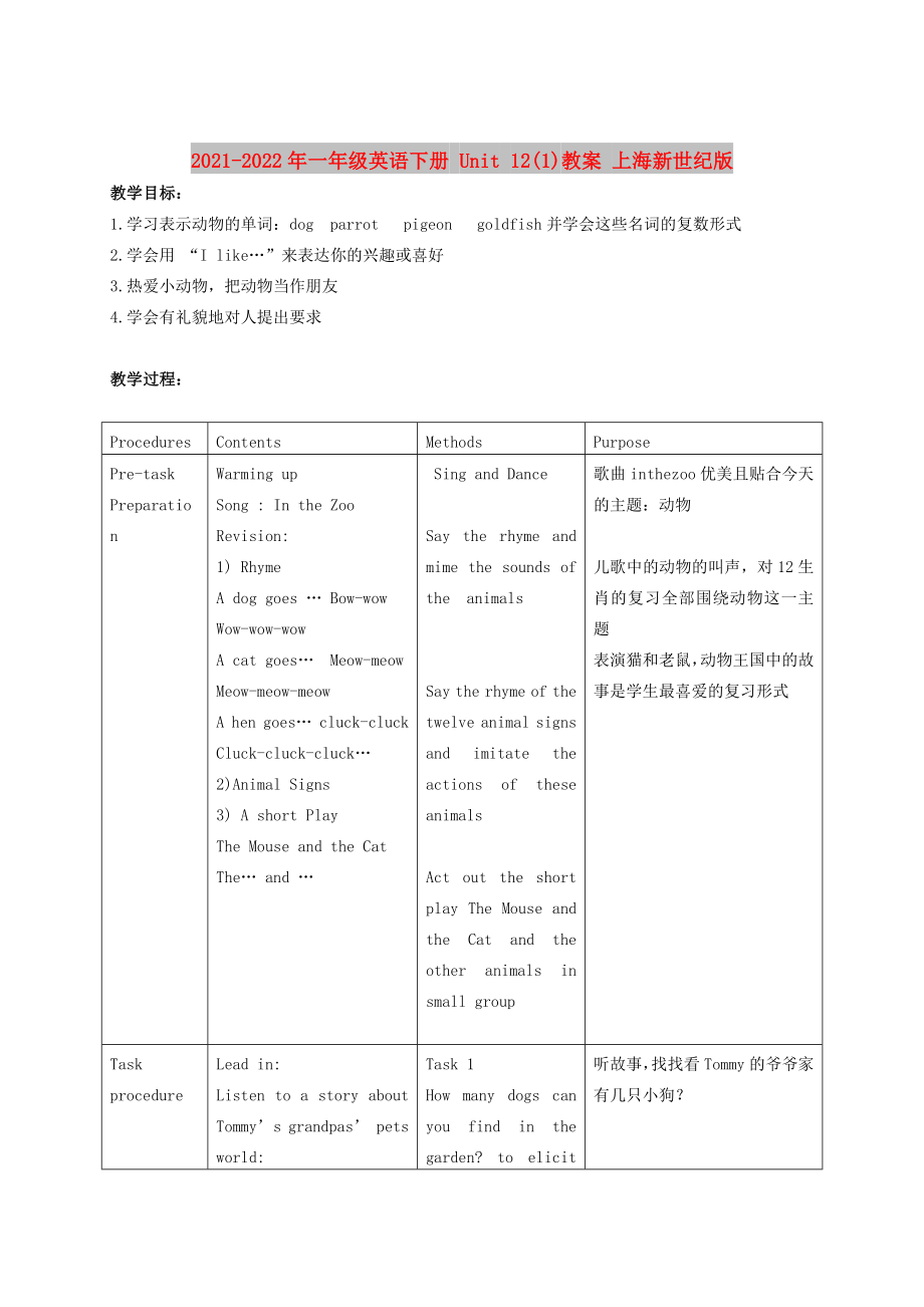 2021-2022年一年級英語下冊 Unit 12(1)教案 上海新世紀(jì)版_第1頁