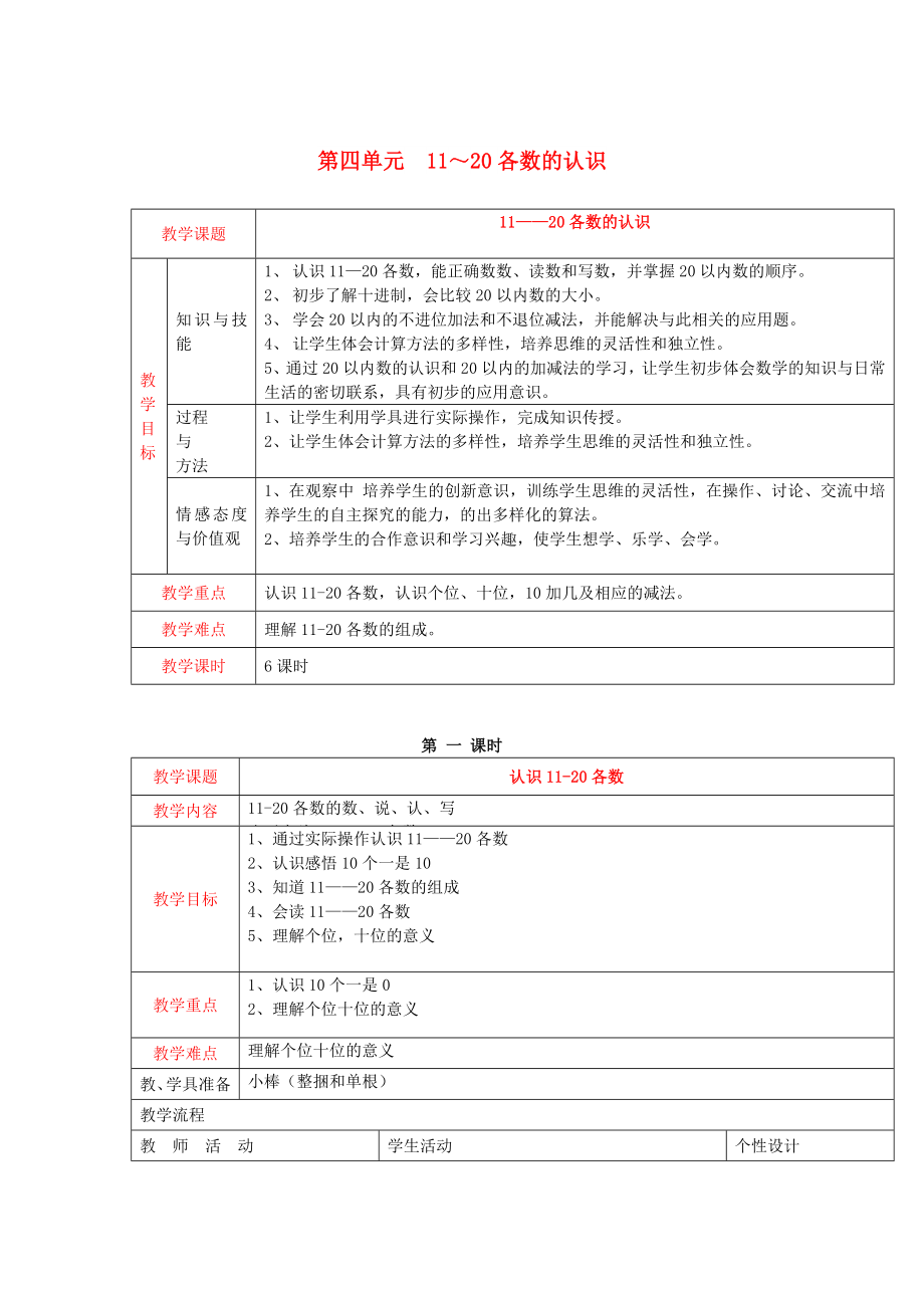 2022秋一年級(jí)數(shù)學(xué)上冊(cè) 第四單元 11-20各數(shù)的認(rèn)識(shí)教案 西師大版_第1頁