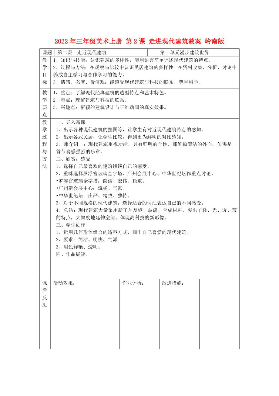 2022年三年級美術(shù)上冊 第2課 走進(jìn)現(xiàn)代建筑教案 嶺南版_第1頁