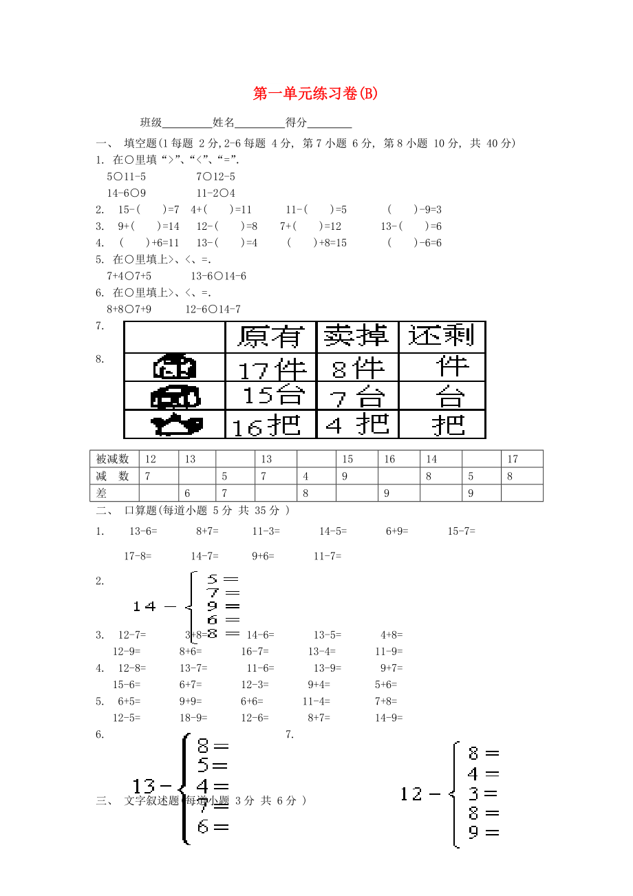 2022春一年級數(shù)學(xué)下冊 第一單元 復(fù)習(xí)與提高練習(xí)卷(B) 滬教版_第1頁