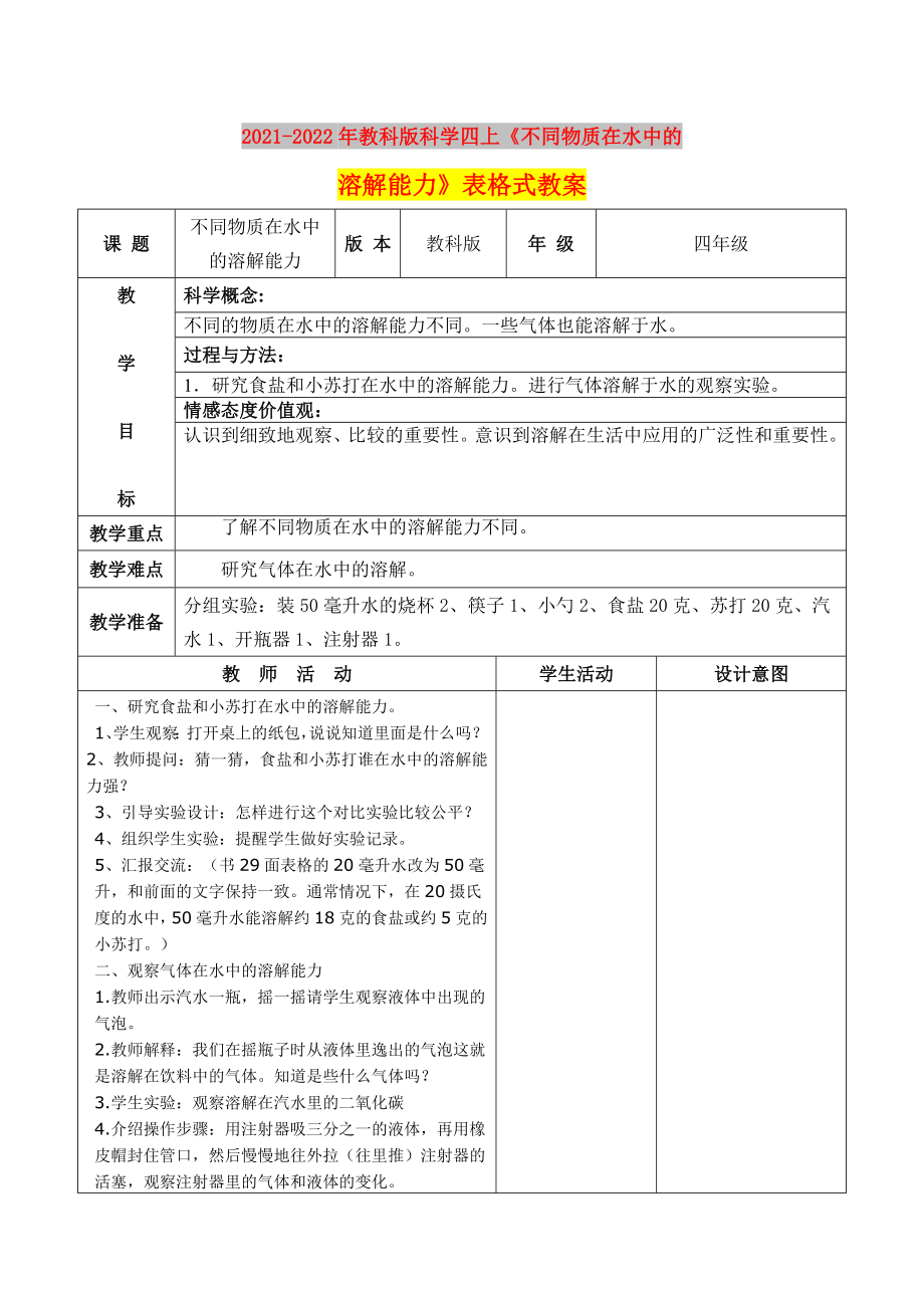 2021-2022年教科版科學(xué)四上《不同物質(zhì)在水中的溶解能力》表格式教案_第1頁(yè)