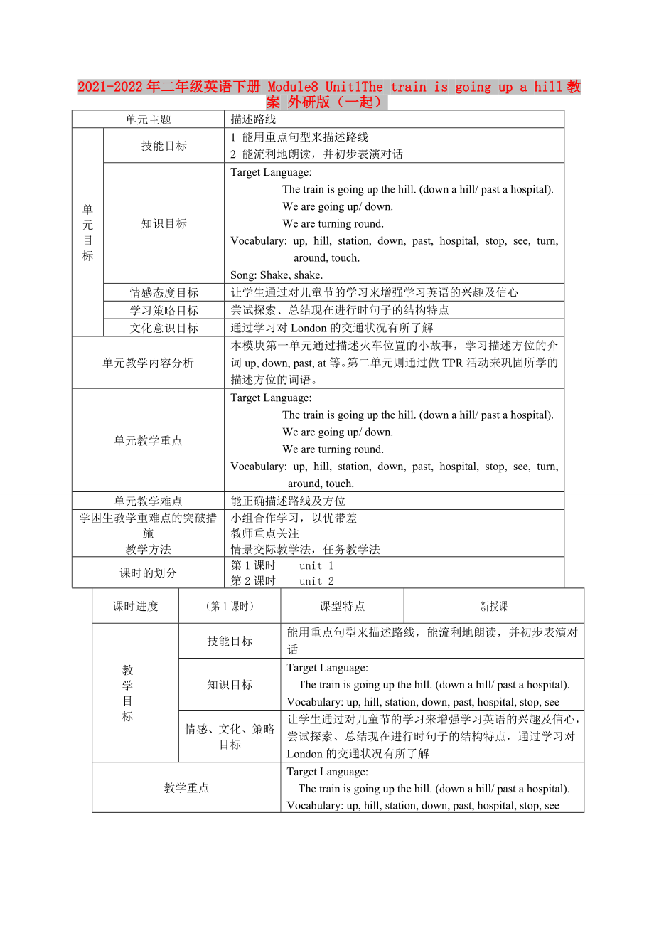 2021-2022年二年級(jí)英語(yǔ)下冊(cè) Module8 Unit1The train is going up a hill教案 外研版（一起）_第1頁(yè)