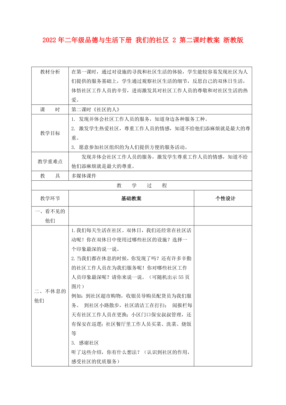 2022年二年級(jí)品德與生活下冊(cè) 我們的社區(qū) 2 第二課時(shí)教案 浙教版_第1頁