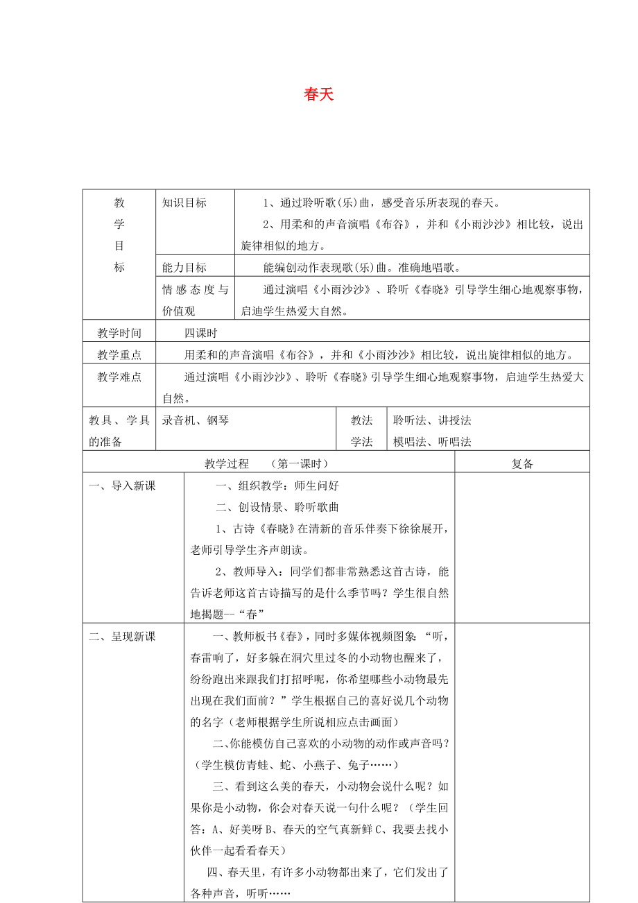 2022春一年級音樂下冊 第1課《春天》教案 人音版_第1頁