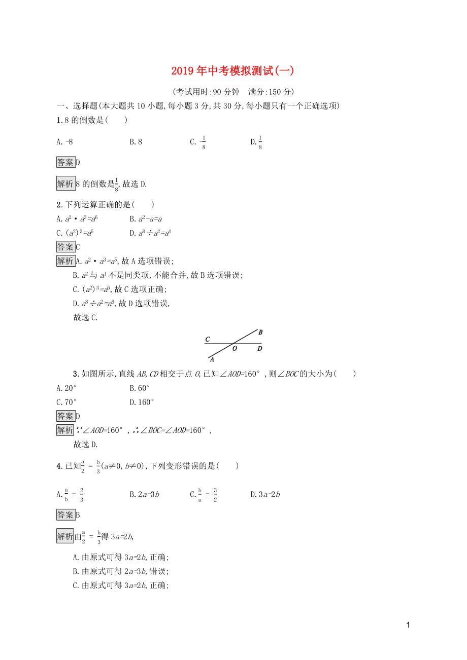 （課標(biāo)通用）甘肅省2019年中考數(shù)學(xué)總復(fù)習(xí)優(yōu)化設(shè)計(jì) 模擬測試1_第1頁