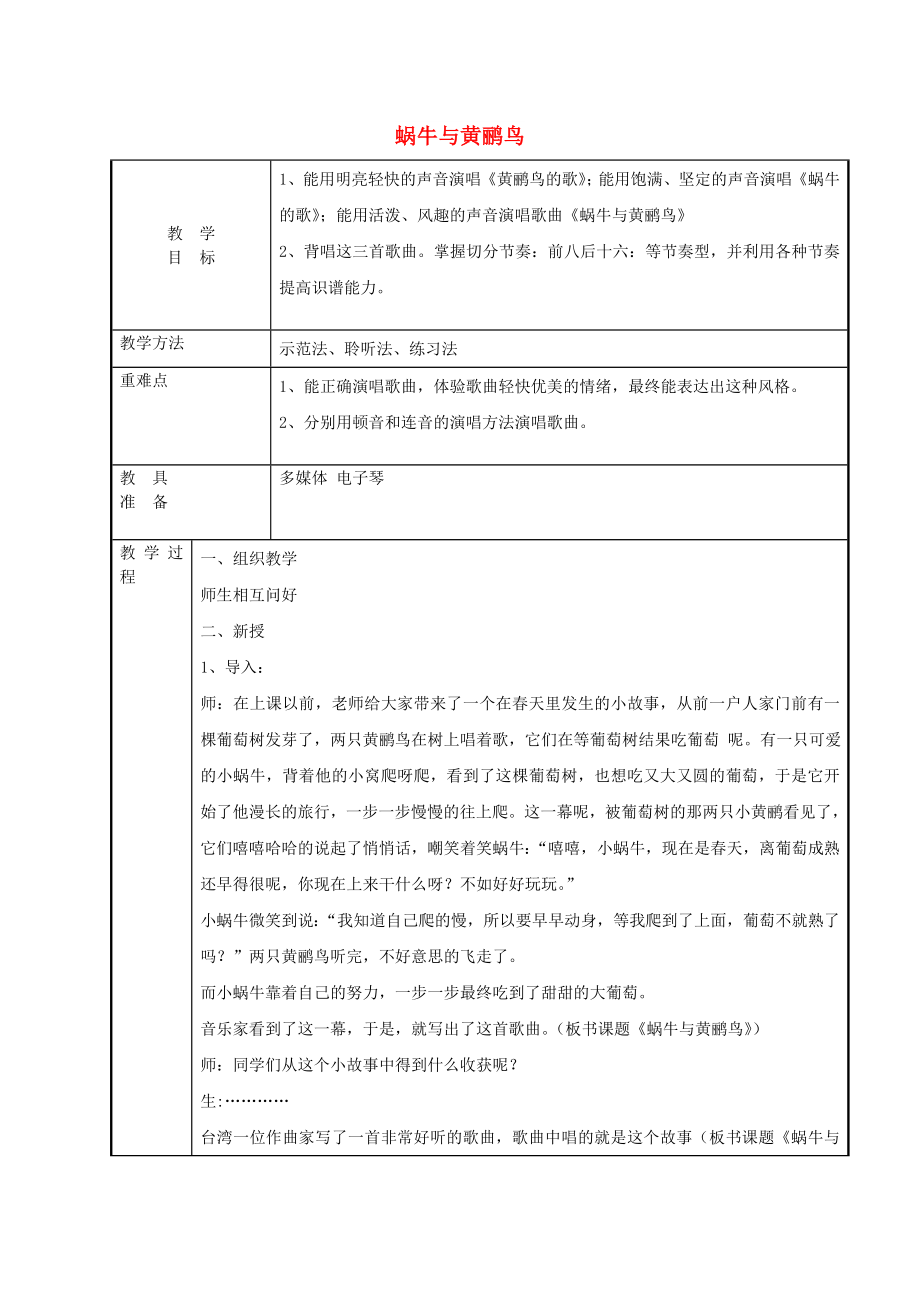 2022春三年級音樂下冊 第四單元《蝸牛與黃鸝鳥》教案 新人教版_第1頁