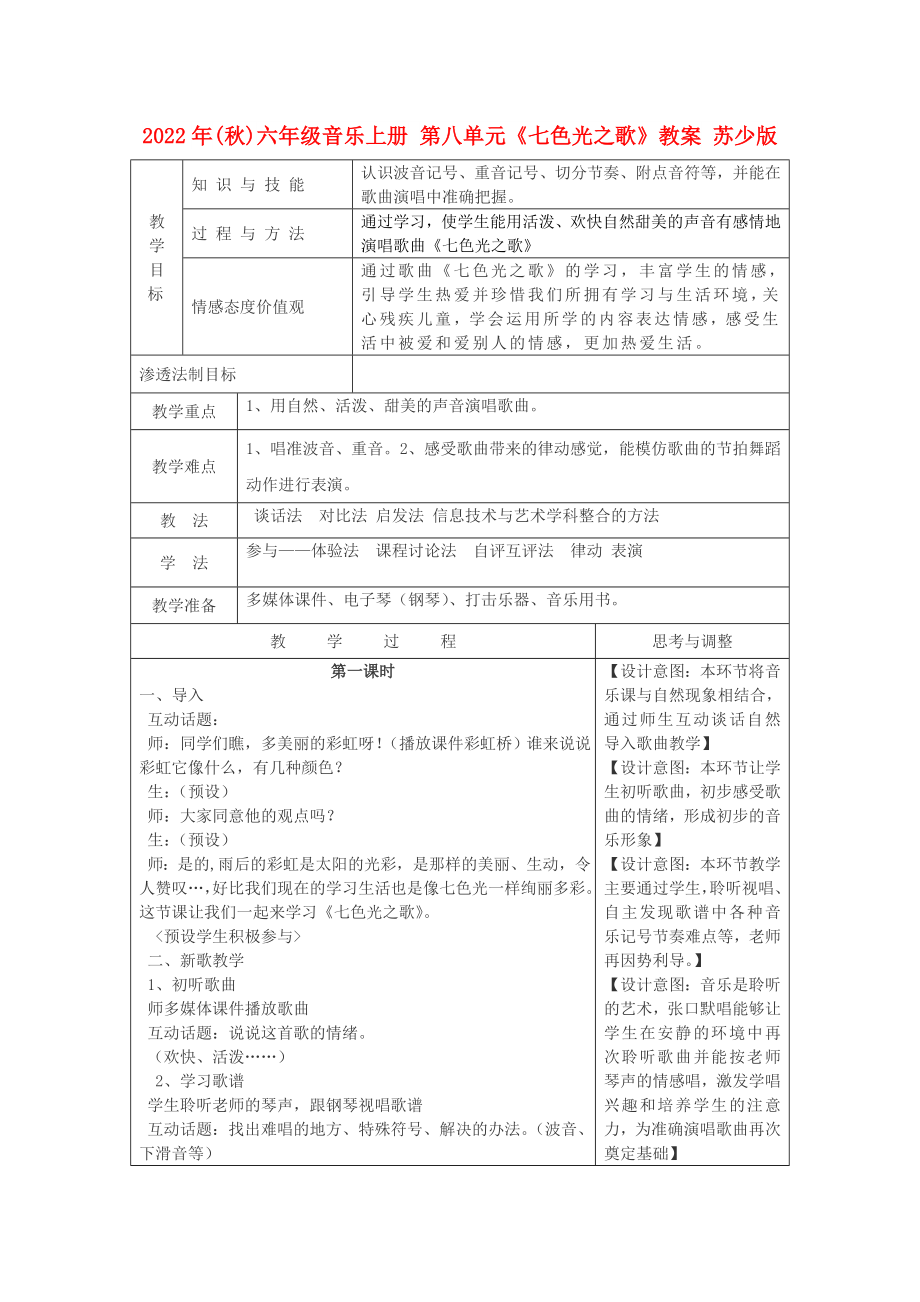 2022年(秋)六年級音樂上冊 第八單元《七色光之歌》教案 蘇少版_第1頁