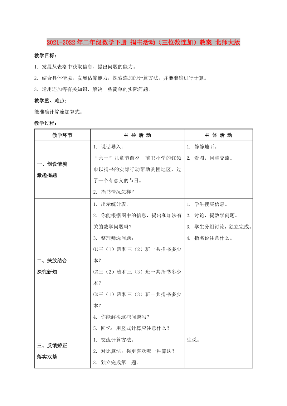 2021-2022年二年級(jí)數(shù)學(xué)下冊(cè) 捐書(shū)活動(dòng)（三位數(shù)連加）教案 北師大版_第1頁(yè)