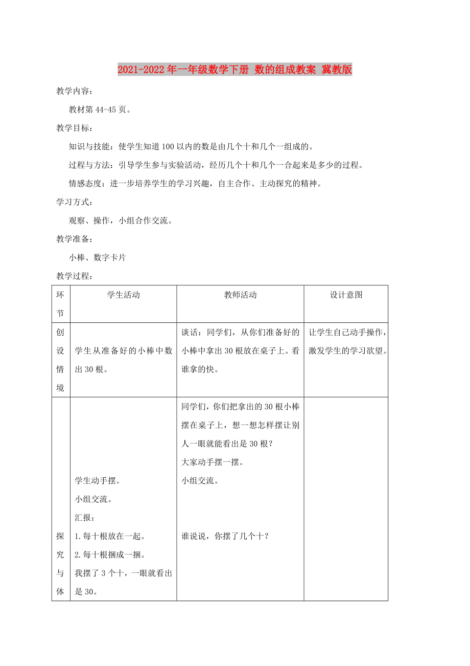 2021-2022年一年級(jí)數(shù)學(xué)下冊(cè) 數(shù)的組成教案 冀教版_第1頁(yè)