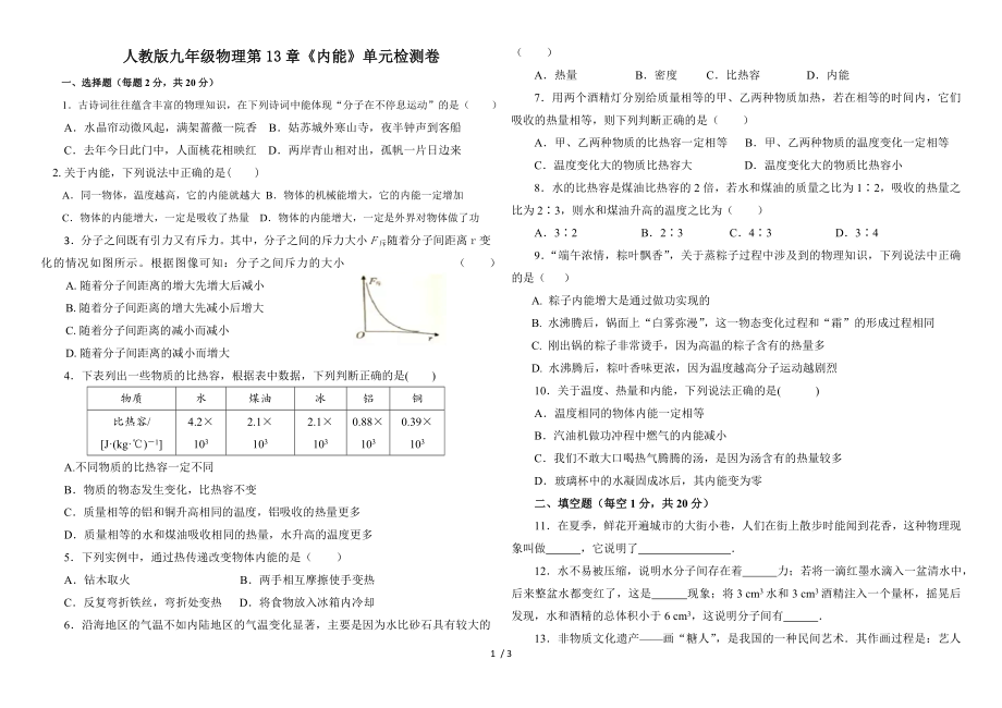 人教版九年级物理第13章内能单元检测卷无答案_第1页