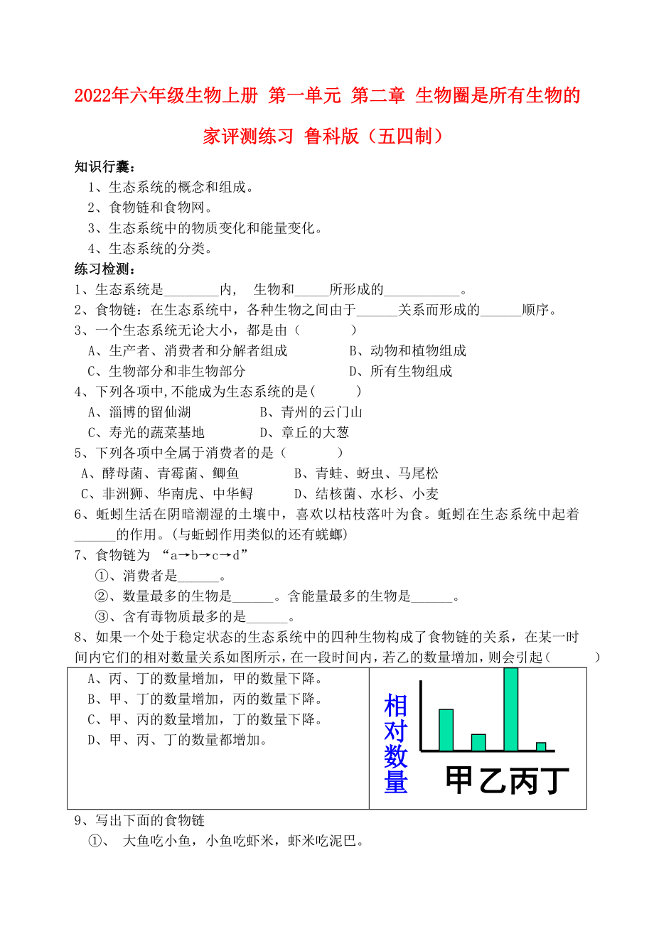 2022年六年級生物上冊 第一單元 第二章 生物圈是所有生物的家評測練習(xí) 魯科版（五四制）_第1頁