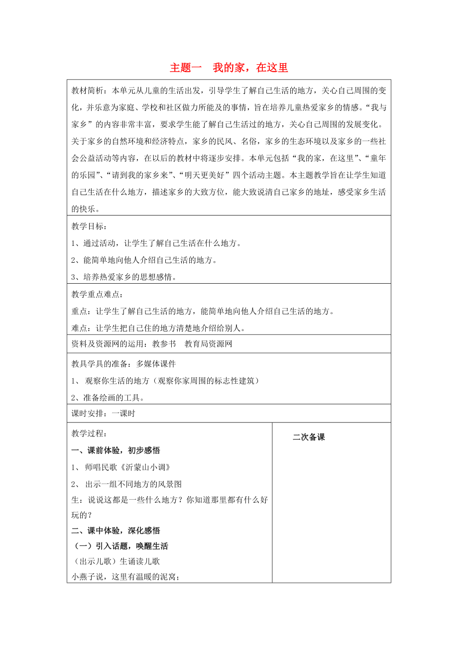 二年級品德與社會上冊 主題1 我的家在這里教案 滬科版_第1頁