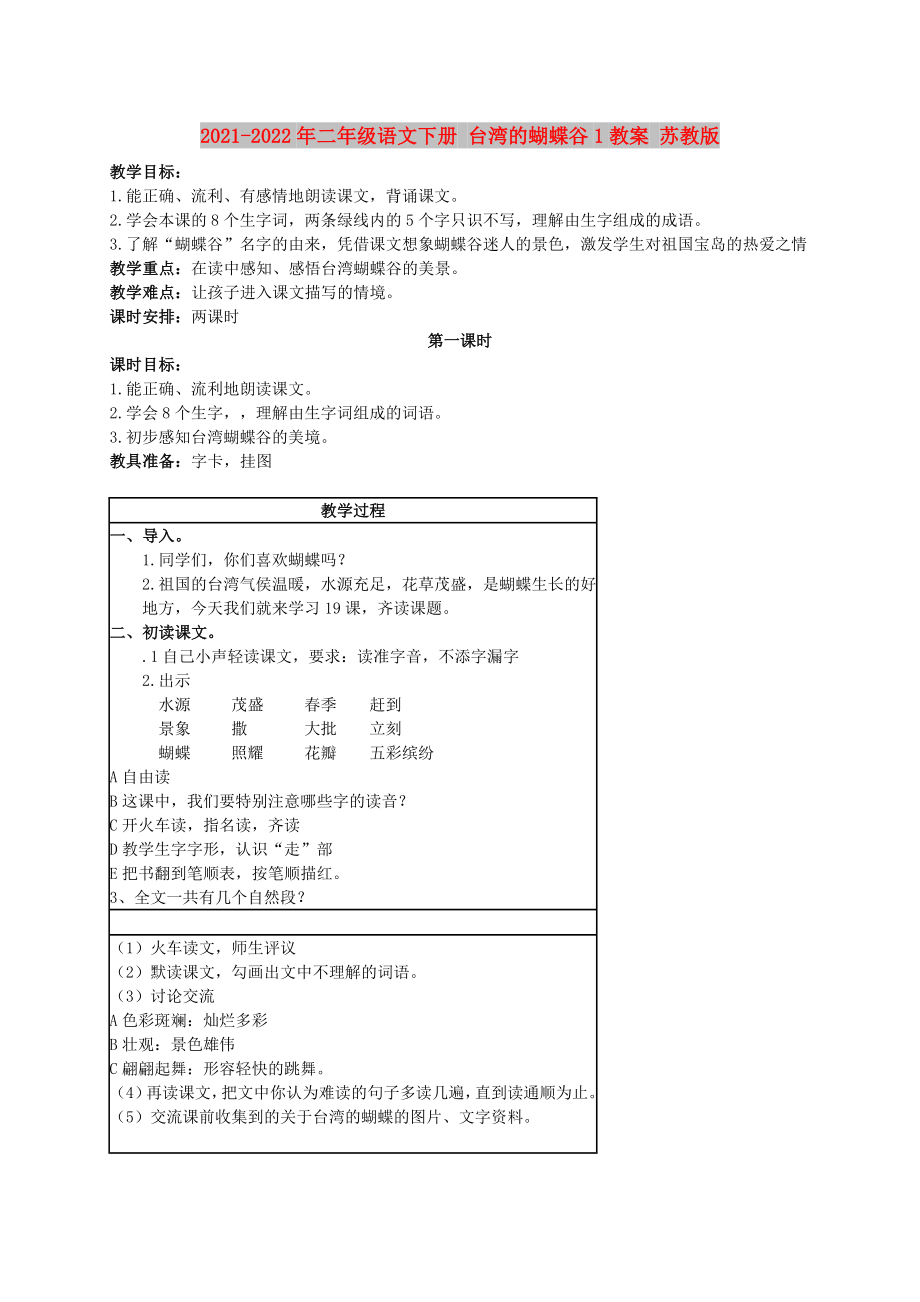 2021-2022年二年級(jí)語文下冊(cè) 臺(tái)灣的蝴蝶谷1教案 蘇教版_第1頁(yè)