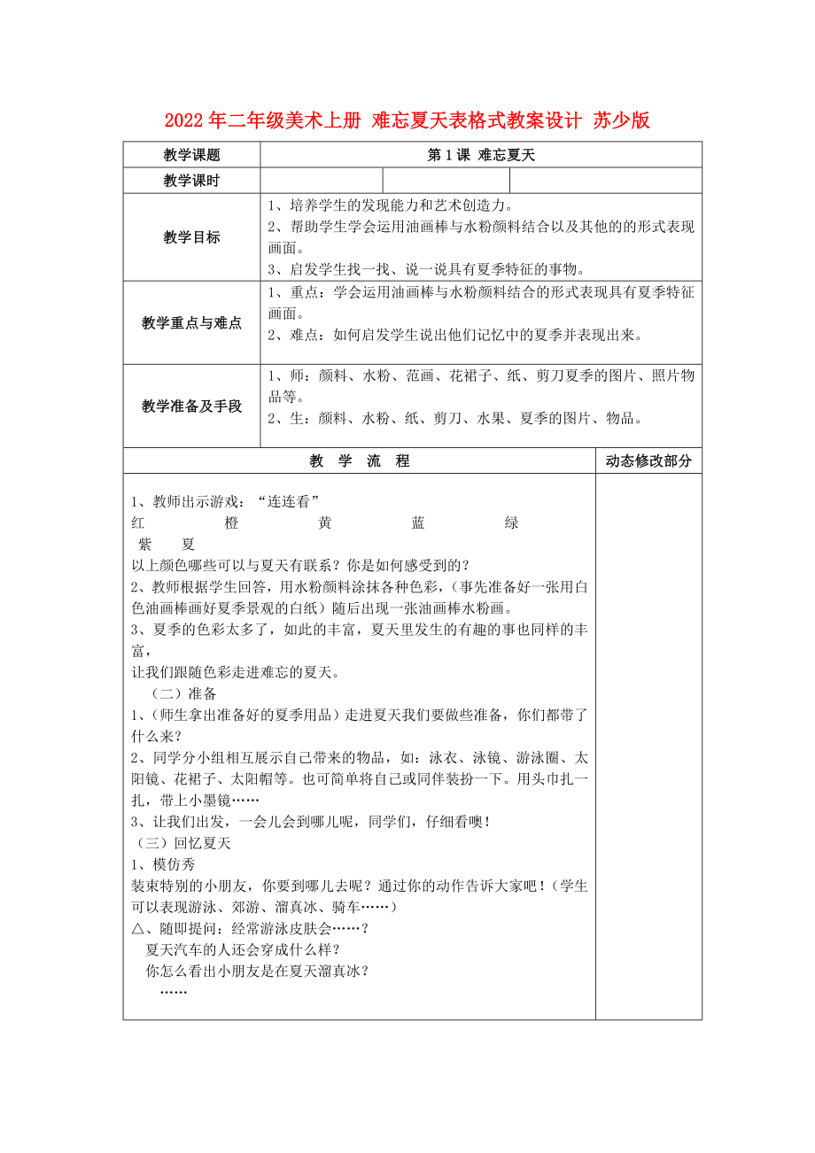 2022年二年級美術(shù)上冊 難忘夏天表格式教案設(shè)計 蘇少版_第1頁