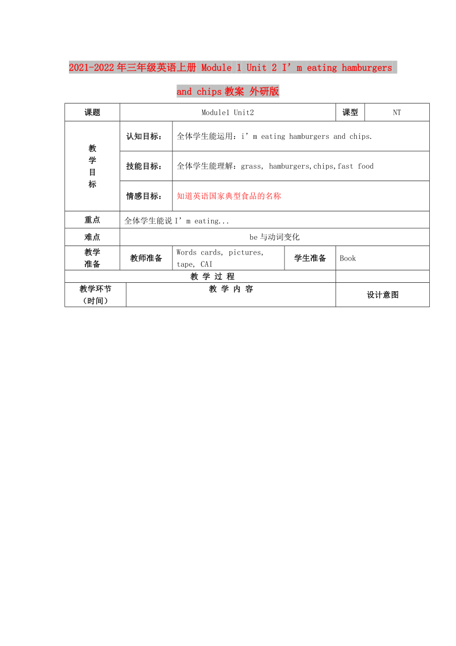 2021-2022年三年級英語上冊 Module 1 Unit 2 I’m eating hamburgers and chips教案 外研版_第1頁