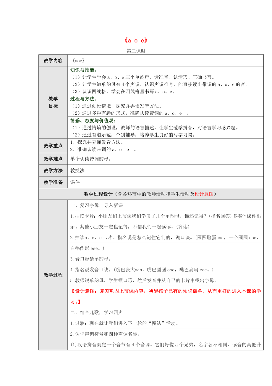 一年級語文上冊 漢語拼音1《a o e》（第2課時(shí)）教學(xué)設(shè)計(jì) 新人教版_第1頁