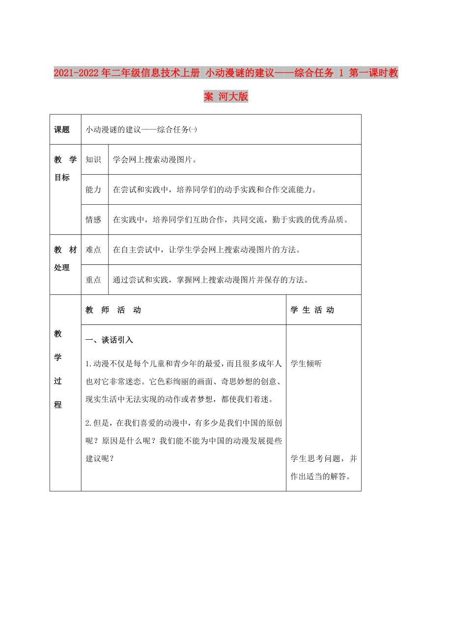 2021-2022年二年級(jí)信息技術(shù)上冊(cè) 小動(dòng)漫謎的建議——綜合任務(wù) 1 第一課時(shí)教案 河大版_第1頁