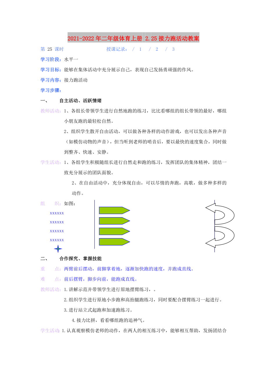 2021-2022年二年級(jí)體育上冊(cè) 2.25接力跑活動(dòng)教案_第1頁