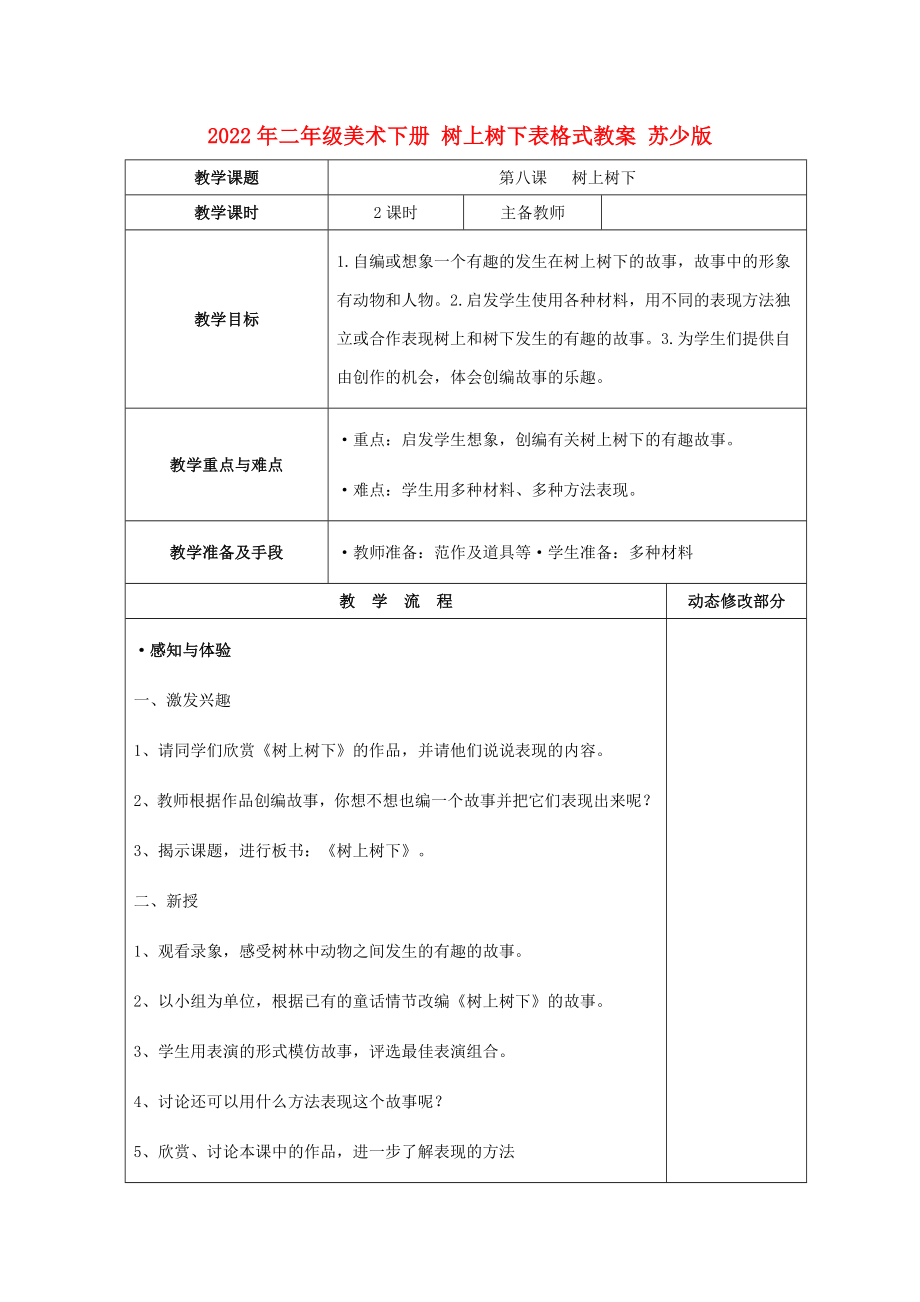 2022年二年級美術(shù)下冊 樹上樹下表格式教案 蘇少版_第1頁