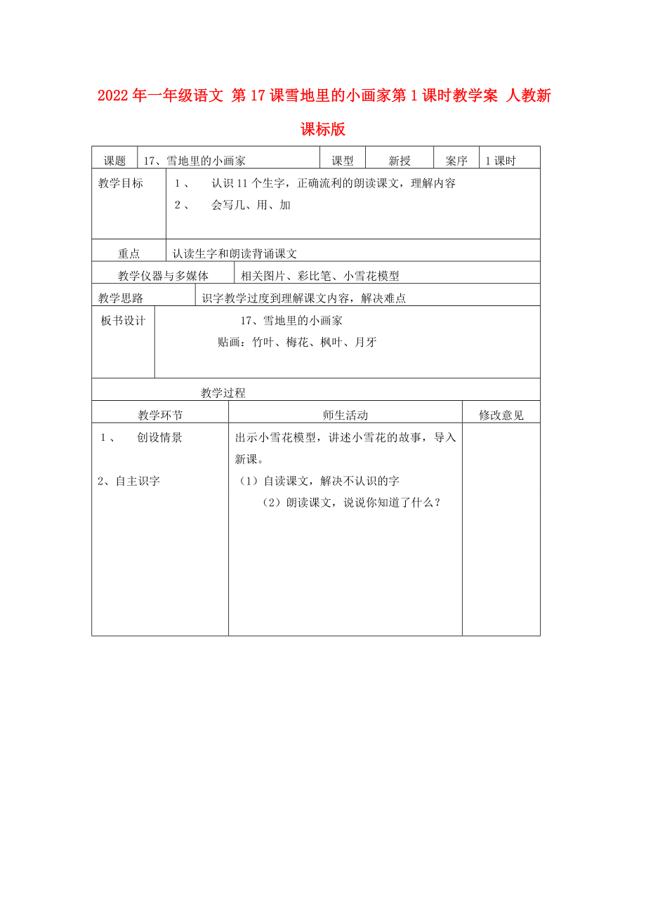 2022年一年級語文 第17課雪地里的小畫家第1課時教學(xué)案 人教新課標(biāo)版_第1頁