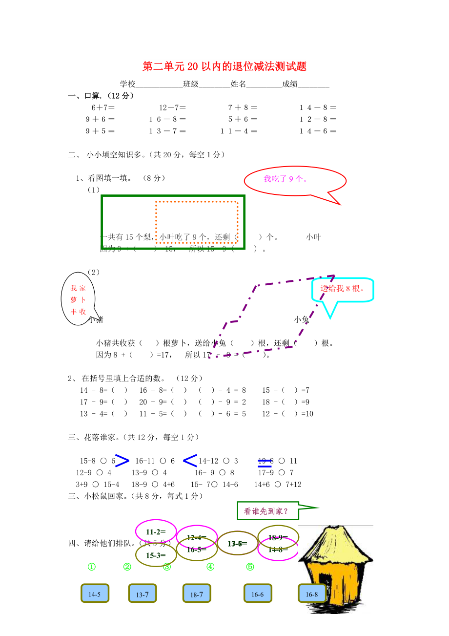 2022春一年級數(shù)學(xué)下冊 第二單元《20以內(nèi)退位減法》測試1（新版）新人教版_第1頁